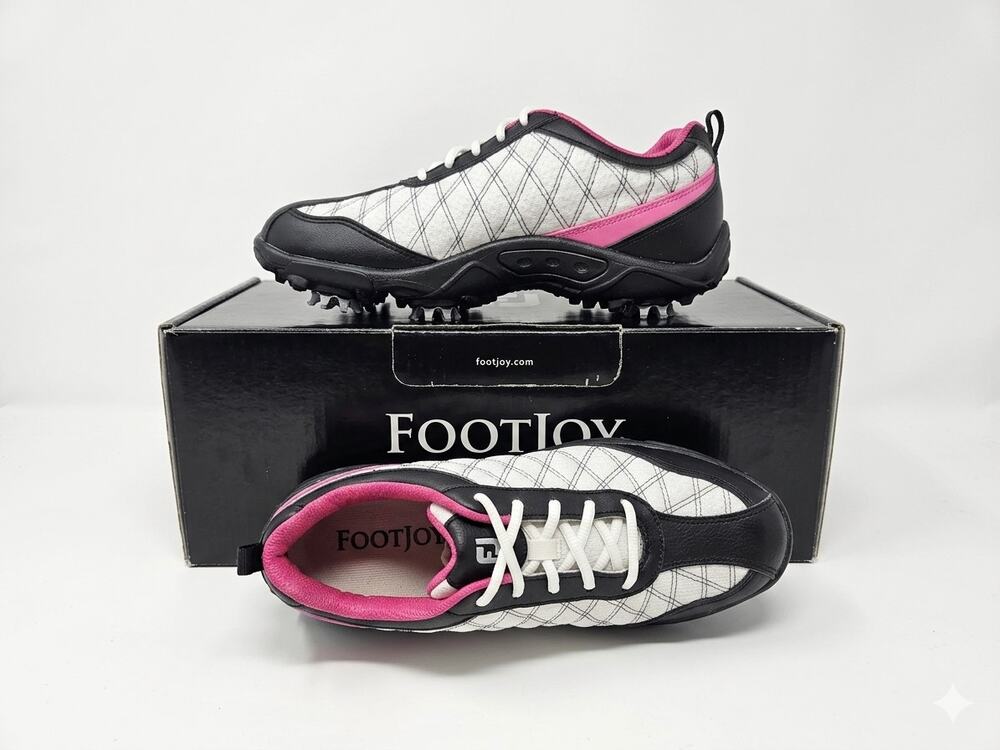 NEW Footjoy Junior 5 Golf Shoe Cleat Leather Black Pink White Sport Lace Up